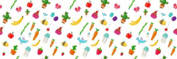 illustration vectorielle de fruits et animaux modèle sans couture. clip ar cartoon set pour carte de voeux, anniversaire, bannières web, médias sociaux et imprimés vecteur