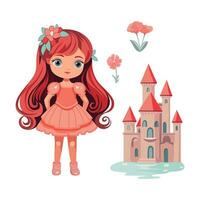 une capricieux monde de une roux peu princesse, enchanteur château, et luxuriant floral éléments dans une charmant dessin animé style. vecteur ensemble.