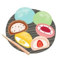 mochi. asiatique sucré aliments. Japonais mochi dans riz pâte. riz fruit dessert sur bois plaque. coloré mochi avec différent remplissages. vecteur plat illustration