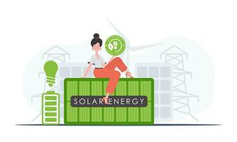le concept de vert énergie et écologie. une femme est assis sur une solaire panneau et détient le éco logo dans sa mains. à la mode, branché style. vecteur. vecteur
