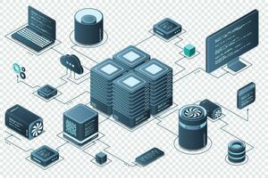 ordinateur La technologie isométrique illustration. calcul de gros Les données centre. nuage l'informatique. en ligne dispositifs télécharger et Télécharger information. moderne 3d isométrique vecteur illustration