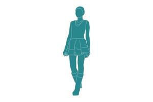 Vector illustration of casual woman walking on the sideroad, style plat avec contour