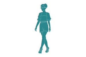 illustration vectorielle de femme à la mode marchant, style plat avec contour vecteur