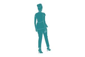 Vector illustration of casual woman walking regarde par derrière, style plat avec contour