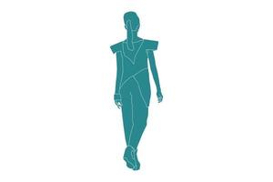 Vector illustration of casual woman walking, style plat avec contour