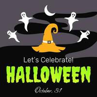 Halloween vacances fête carte postale, fête annoncer, décoratif carte, Contexte avec évacuation vert mucus texte et sorcière chapeau et des fantômes vecteur illustration.