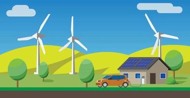 voiture électrique chargeant au chargeur à la maison, panneaux solaires, éoliennes en arrière-plan. vecteur