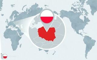 pacifique centré monde carte avec agrandie Pologne. drapeau et carte de Pologne. vecteur