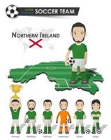 équipe nationale de la coupe de football d'irlande du nord. joueur de football avec maillot de sport se tient sur la carte du pays du champ de perspective et la carte du monde. ensemble de positions de footballeur. personnage plat de dessin animé. vecteur. vecteur