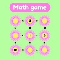 illustration vectorielle. jeu de mathématiques pour les enfants d'âge préscolaire et scolaire. compte et insère les bons nombres. multiplication. clairière avec des fleurs roses. vecteur