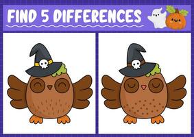 Halloween trouver différences Jeu pour les enfants. attention compétences activité avec mignonne hibou. puzzle pour des gamins avec marrant personnage. imprimable quoi est différent feuille de travail vecteur