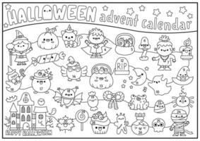 vecteur noir et blanc Halloween avènement calendrier avec mignonne kawaii personnages. mignonne l'automne tout saints journée coloration planificateur ou Labyrinthe pour enfants. effrayant tour ou traiter affiche conception