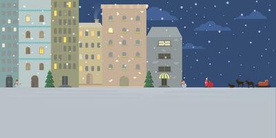 Père Noël clause début travail dans Noël nuit à centre ville de pays de neige vecteur illustration. joyeux Noël et content Nouveau année salutation carte modèle avoir Vide espace.