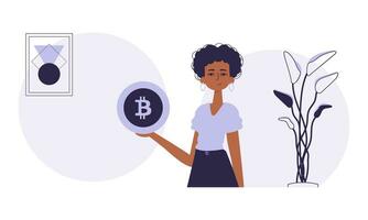 crypto-monnaie concept. une femme détient une bitcoin dans sa mains dans le forme de une pièce de monnaie. personnage dans moderne branché style. vecteur