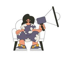 élégant fille est assis dans une chaise et détient une mégaphone dans sa main. adapté pour utilisation dans les communications ou manifestation thématique projets. vecteur