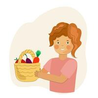 une souriant fille détient une panier de des légumes dans le sien mains. vecteur dessin animé des légumes en mangeant pour enfant