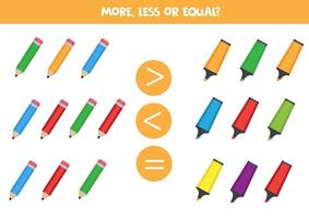 plus, moins ou égal. comptez combien de crayons et de marqueurs vecteur