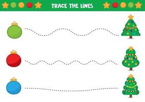 pratique de l'écriture manuscrite. boules de noël et sapins. feuille de travail éducative pour les enfants. jeux pour enfants. vecteur