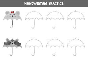 feuille de travail éducative pour les enfants d'âge préscolaire. pratique de l'écriture manuscrite. tracer des parapluies. vecteur