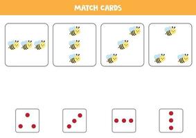 feuille de travail éducative pour les enfants d'âge préscolaire. Associez les cartes avec des points et des abeilles par montant. vecteur