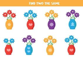 trouver deux mêmes fleurs dans un vase. vecteur