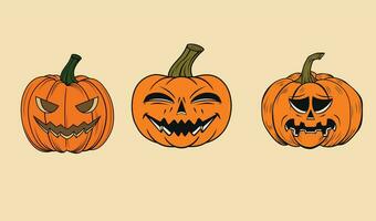 ensemble citrouille sur Jaune Contexte. Orange citrouille avec sourire pour votre conception pour le vacances Halloween. vecteur illustration.