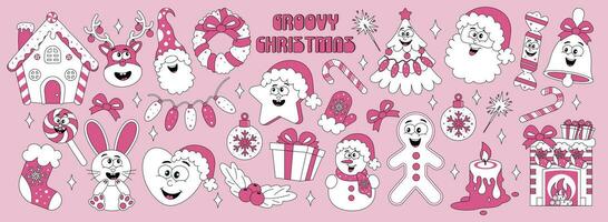 ensemble de autocollants avec rétro dessin animé personnages Nouveau année, Noël. vecteur illustration dans rose couleurs dans années 80, Années 90 style.