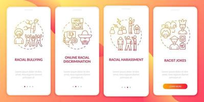 écran de la page de l'application mobile d'intégration des inégalités ethniques. blagues racistes, procédure pas à pas sur la cyberintimidation, instructions graphiques en 4 étapes avec des concepts. modèle vectoriel ui, ux, gui avec des illustrations en couleurs linéaires