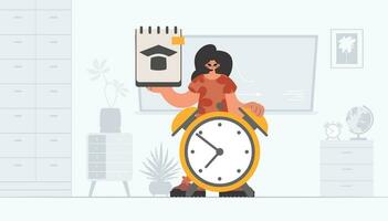 animé femme avec un de une gentil et mise en garde horloge, apprentissage sujet. branché style, vecteur illustration