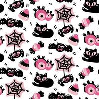 sans couture modèle dans rose et noir couleurs pour Halloween. noir chat, chauve souris, araignée avec la toile, yeux, bonbons sur une blanc Contexte vecteur illustration dans dessin animé style. vacances emballage, fête texture