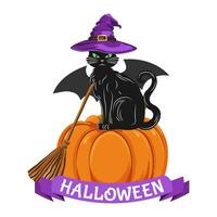 une noir chat avec une sorcière chapeau balai séance sur une citrouille. Halloween symbole est une noir chat avec chauve souris ailes. mignonne animal. vecteur illustration.