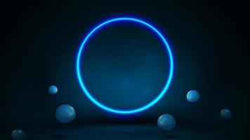 scène bleue avec des sphères rebondissantes réalistes et un anneau de néon. vecteur