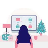 jeune femme, achats, pour, noël, présente, en ligne, illustration vecteur