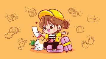 Happy girl sitting on bag travel concept cartoon art illustration vecteur