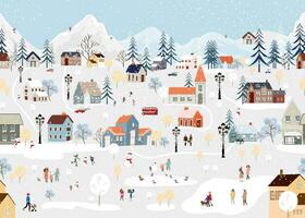 sans couture modèle hiver paysage,célébration Noël et Nouveau année 2024 dans village à nuit avec content gens en jouant la glace patin dans le parc, vecteur horizontal bannière hiver pays des merveilles dans campagne