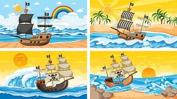 ensemble de scènes océaniques à différents moments avec bateau pirate en style cartoon vecteur