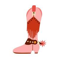 rétro cow-girl bottes avec traditionnel la frange et éperon. vecteur rose bottes dans cow-boy et occidental style. Facile marrant des chaussures de sauvage Ouest avec ornement pour carte postale, T-shirt imprimer, cow-boy fête conception.