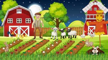 scène de ferme la nuit avec un vieil homme fermier et des animaux mignons vecteur