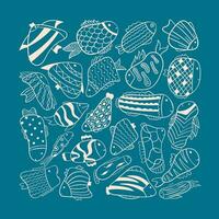 vecteur griffonnage illustration. dessin animé poisson sur une bleu Contexte de différent formes, avec motifs. Contexte décoration, autocollants.