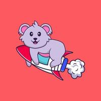 koala mignon volant sur fusée. concept de dessin animé animal isolé. peut être utilisé pour un t-shirt, une carte de voeux, une carte d'invitation ou une mascotte. style cartoon plat vecteur