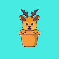 cerf mignon dans un vase à fleurs. concept de dessin animé animal isolé. peut être utilisé pour un t-shirt, une carte de voeux, une carte d'invitation ou une mascotte. style cartoon plat vecteur