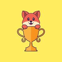 renard mignon avec trophée d'or. concept de dessin animé animal isolé. peut être utilisé pour un t-shirt, une carte de voeux, une carte d'invitation ou une mascotte. style cartoon plat vecteur