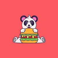 panda mignon mangeant un hamburger. concept de dessin animé animal isolé. peut être utilisé pour un t-shirt, une carte de voeux, une carte d'invitation ou une mascotte. style cartoon plat vecteur