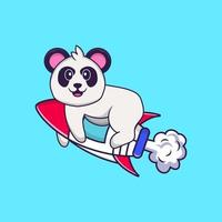 panda mignon volant sur fusée. concept de dessin animé animal isolé. peut être utilisé pour un t-shirt, une carte de voeux, une carte d'invitation ou une mascotte. style cartoon plat vecteur