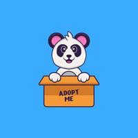 joli panda en boite avec un poster adopte moi. concept de dessin animé animal isolé. peut être utilisé pour un t-shirt, une carte de voeux, une carte d'invitation ou une mascotte. style cartoon plat vecteur