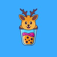 cerf mignon buvant du thé au lait boba. concept de dessin animé animal isolé. peut être utilisé pour un t-shirt, une carte de voeux, une carte d'invitation ou une mascotte. style cartoon plat vecteur