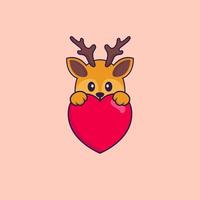 cerf mignon tenant un gros coeur rouge. concept de dessin animé animal isolé. peut être utilisé pour un t-shirt, une carte de voeux, une carte d'invitation ou une mascotte. style cartoon plat vecteur