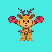 cerf mignon en costume de boxeur avec ceinture de champion. concept de dessin animé animal isolé. peut être utilisé pour un t-shirt, une carte de voeux, une carte d'invitation ou une mascotte. style cartoon plat vecteur