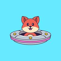 renard mignon conduisant un vaisseau spatial ufo. concept de dessin animé animal isolé. peut être utilisé pour un t-shirt, une carte de voeux, une carte d'invitation ou une mascotte. style cartoon plat vecteur