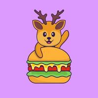 cerf mignon mangeant un hamburger. concept de dessin animé animal isolé. peut être utilisé pour un t-shirt, une carte de voeux, une carte d'invitation ou une mascotte. style cartoon plat vecteur